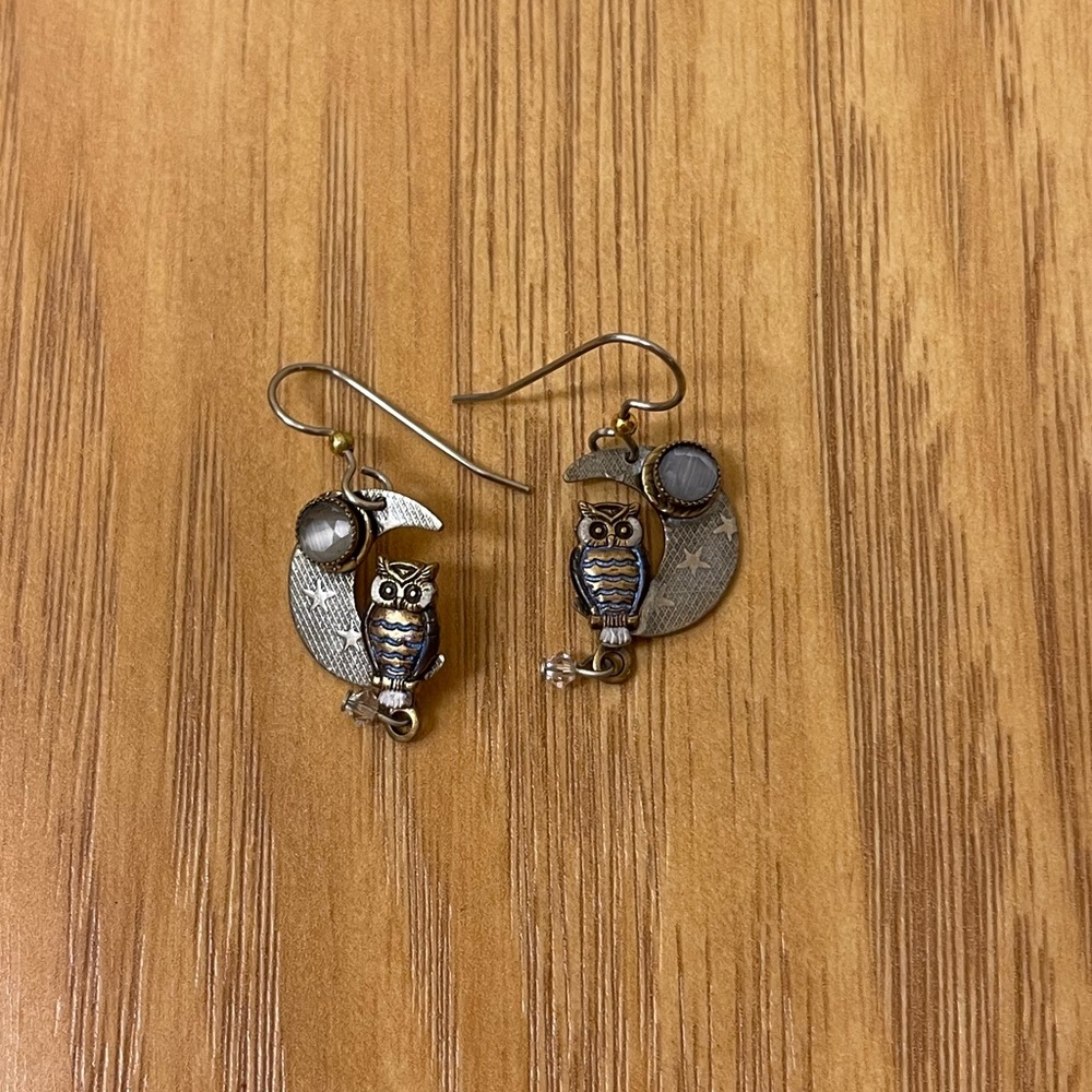 Owl on the Moon Drop Earrings